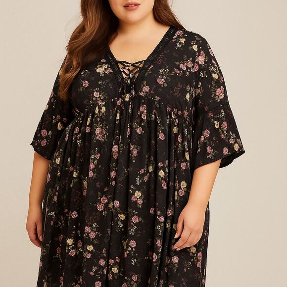 Boho Romance: Suzanne Betro Black Floral Dress – Size 4X - Picture 3 of 6